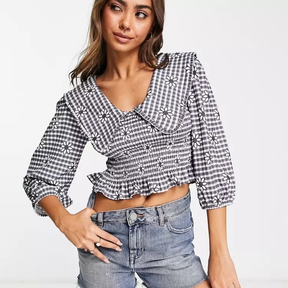 ASOS × MISS SELFRIDGE Bib Crop Top Gingham Black White Check Daisy NWOT - Picture 2 of 8